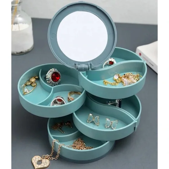 (NIB) Blue/Grey Round Four-Tiered Rotating Stacked Jewelry Organizer with Mirror - Picture 11 of 11